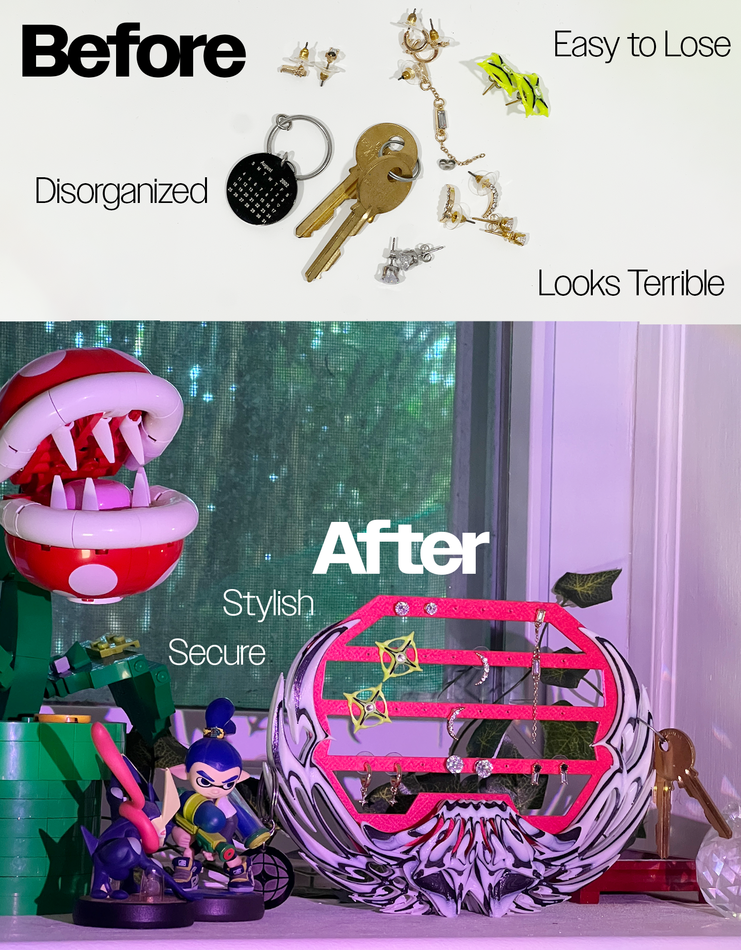 3D Printed Jewelry Display - Neon Zebra (Open Panel) | Made to Order